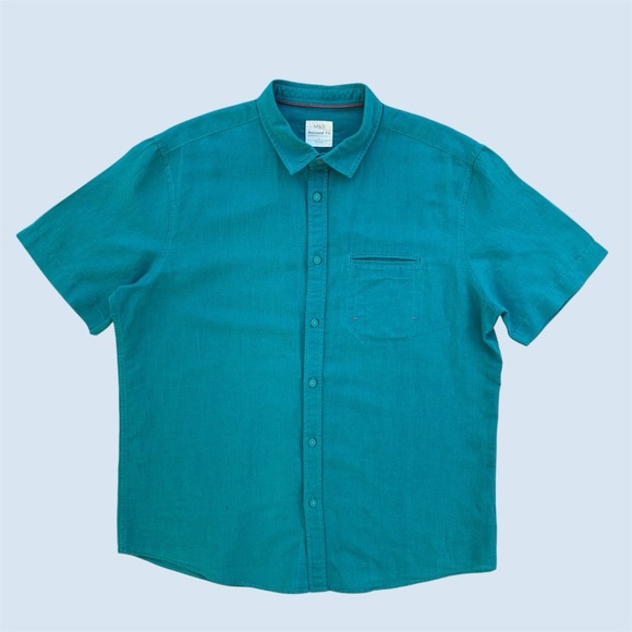 M&S Teal Green Relaxed Fit Linen Blend Short Sleeve Button Front Shirt Men’s L - Picture 1 of 7